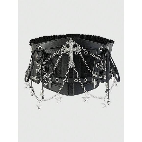 Black Goth Gothic Angel Punk Corset Waist Cincher Style Chain Lace Up Belt S - Picture 1 of 4